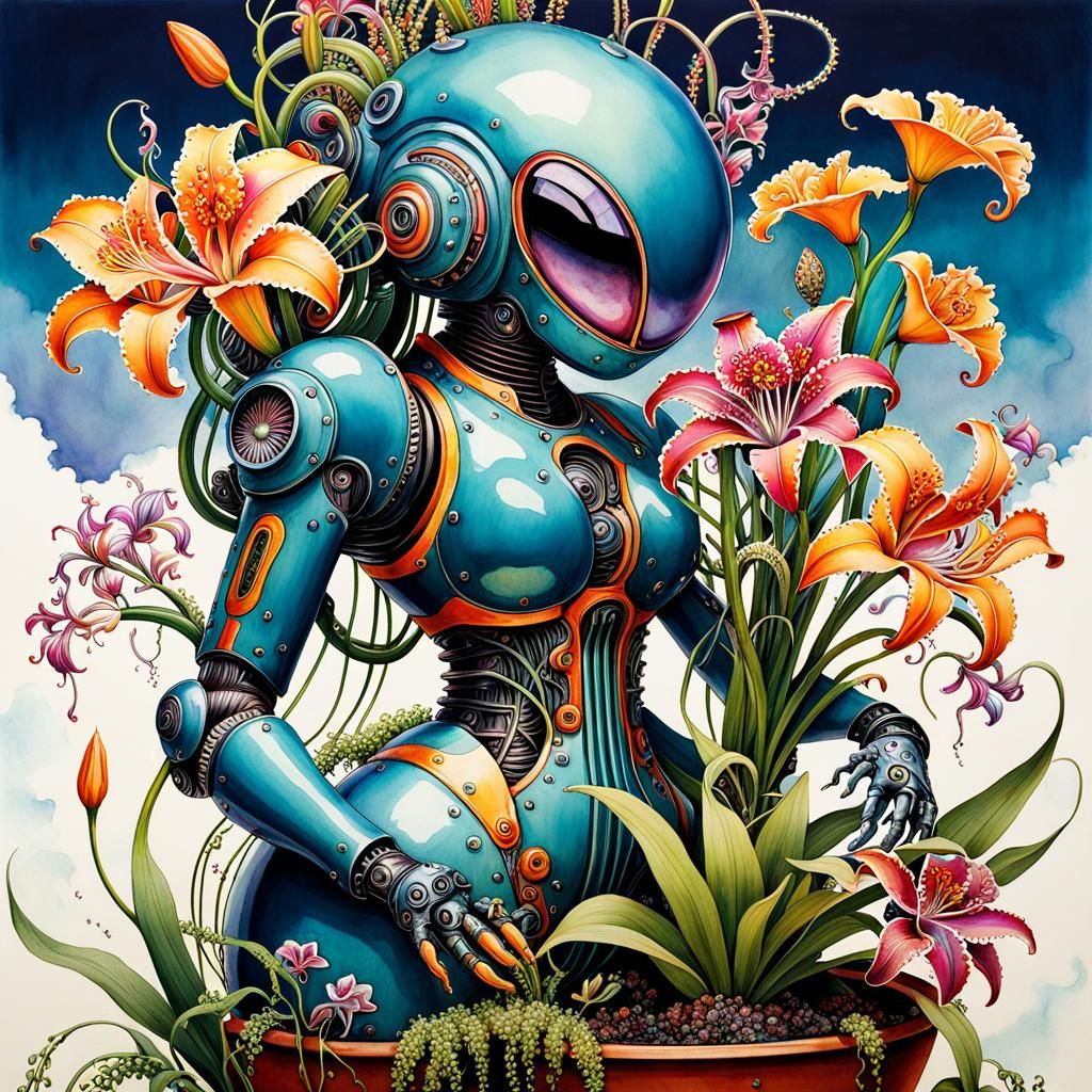 Cyborg Gardener: Vibrant Watercolour Fantasy