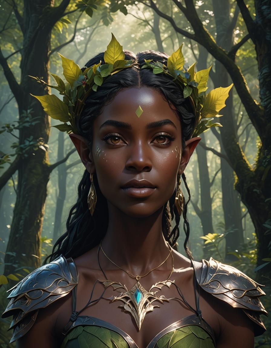 Gorgeous Dark Elf Portrait in Forest, Digital Art