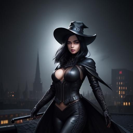 Woman in Leather Outfit on Rooftop at Night