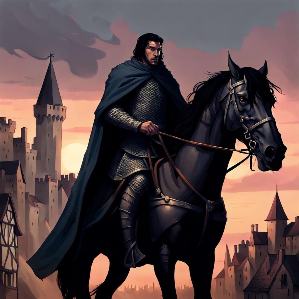 French Knight Approaches Medieval City at Dusk