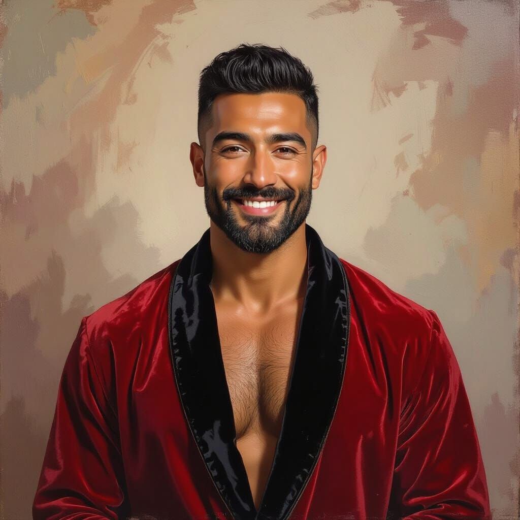 Proud Man in Red Robe, Impressionist Impasto Oil Portrait