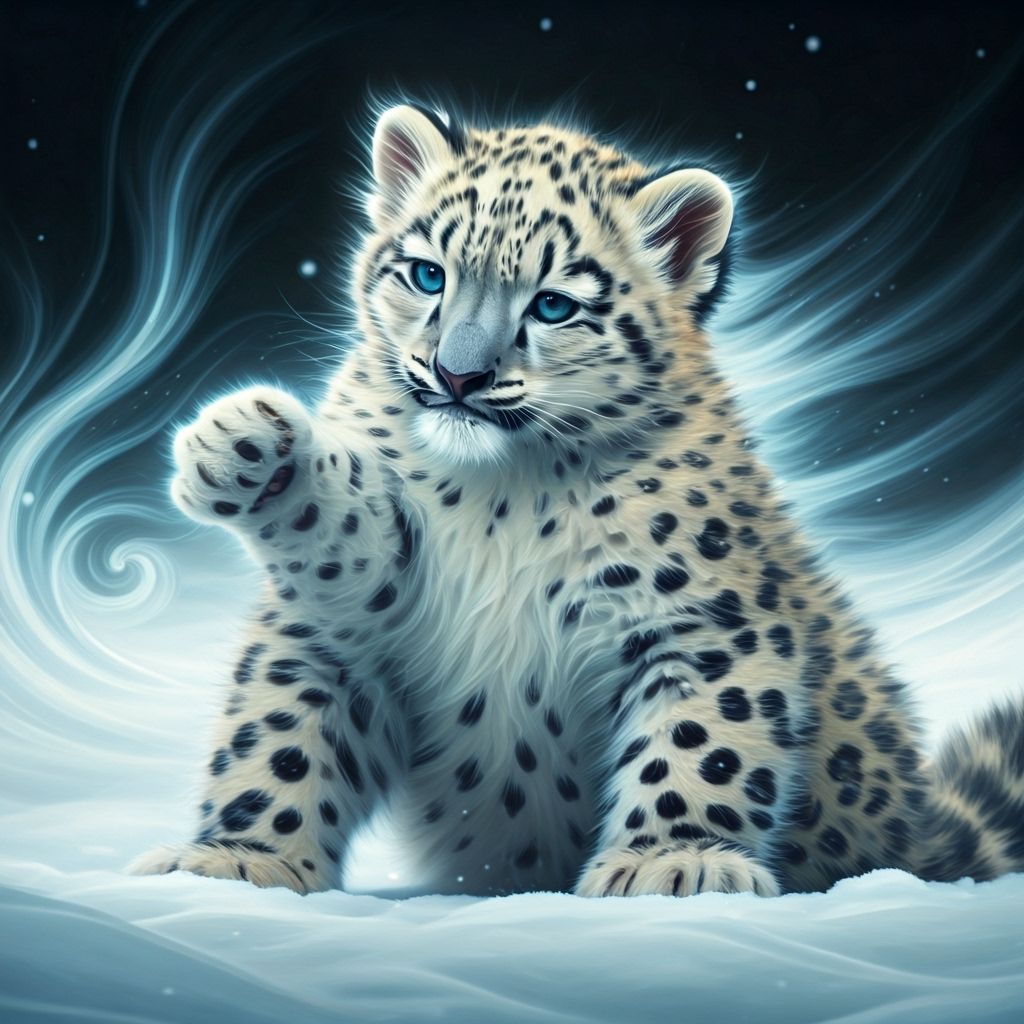 Snow Leopard Cubs Playing: Chinese Watercolor Style