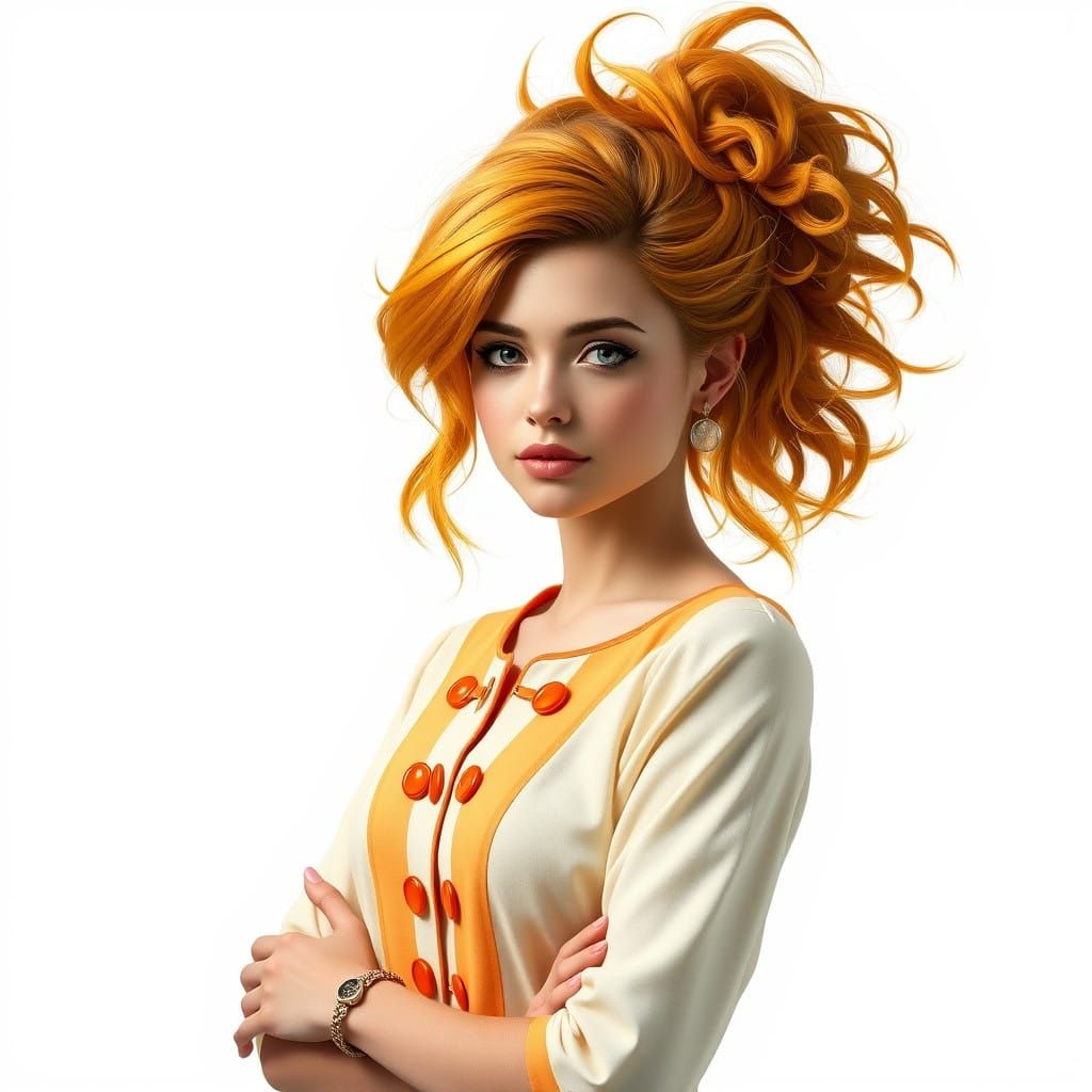 Elegant Woman in Yellow-Orange Attire Standing on White Back...