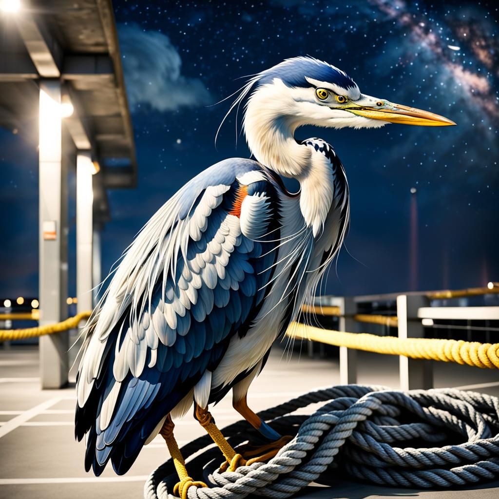 Heron in Ropes Under Starry Night Sky