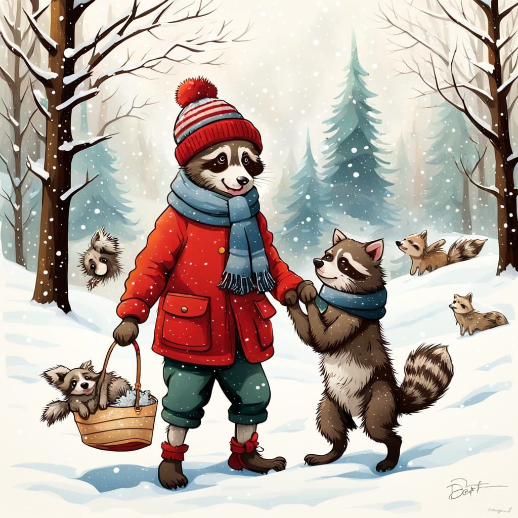 Playful Puppy and Raccoon Friends in Winter Wonderland