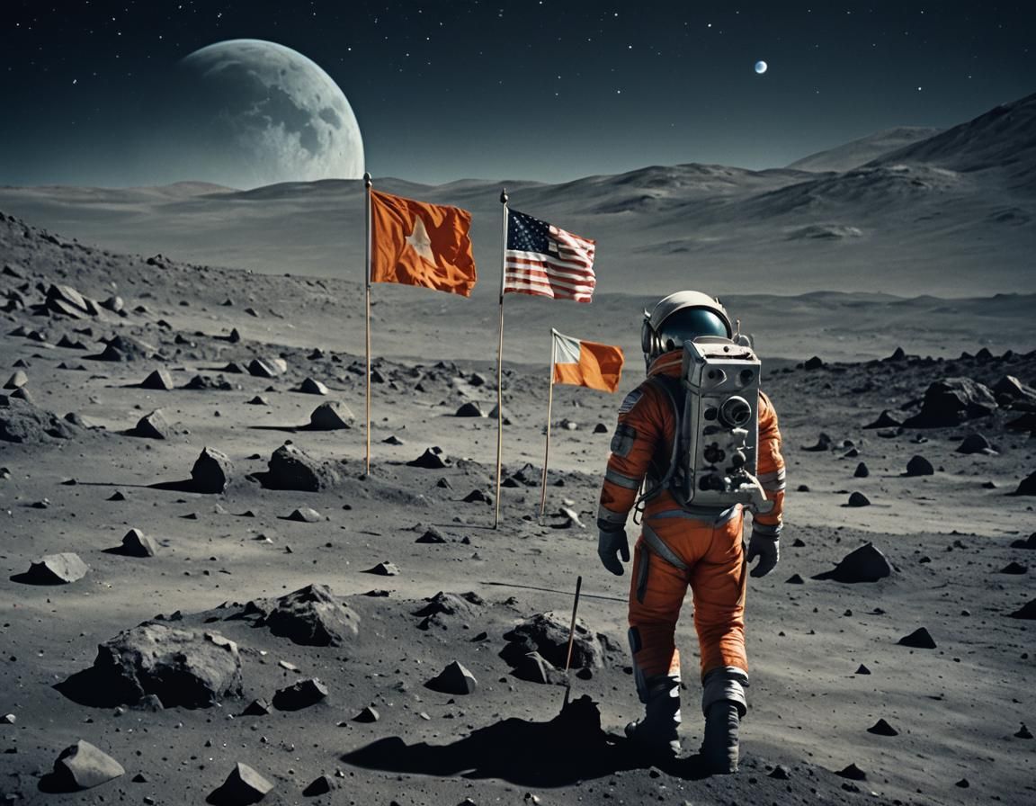 Space Explorer Plants Flag: Cinematic Film Still