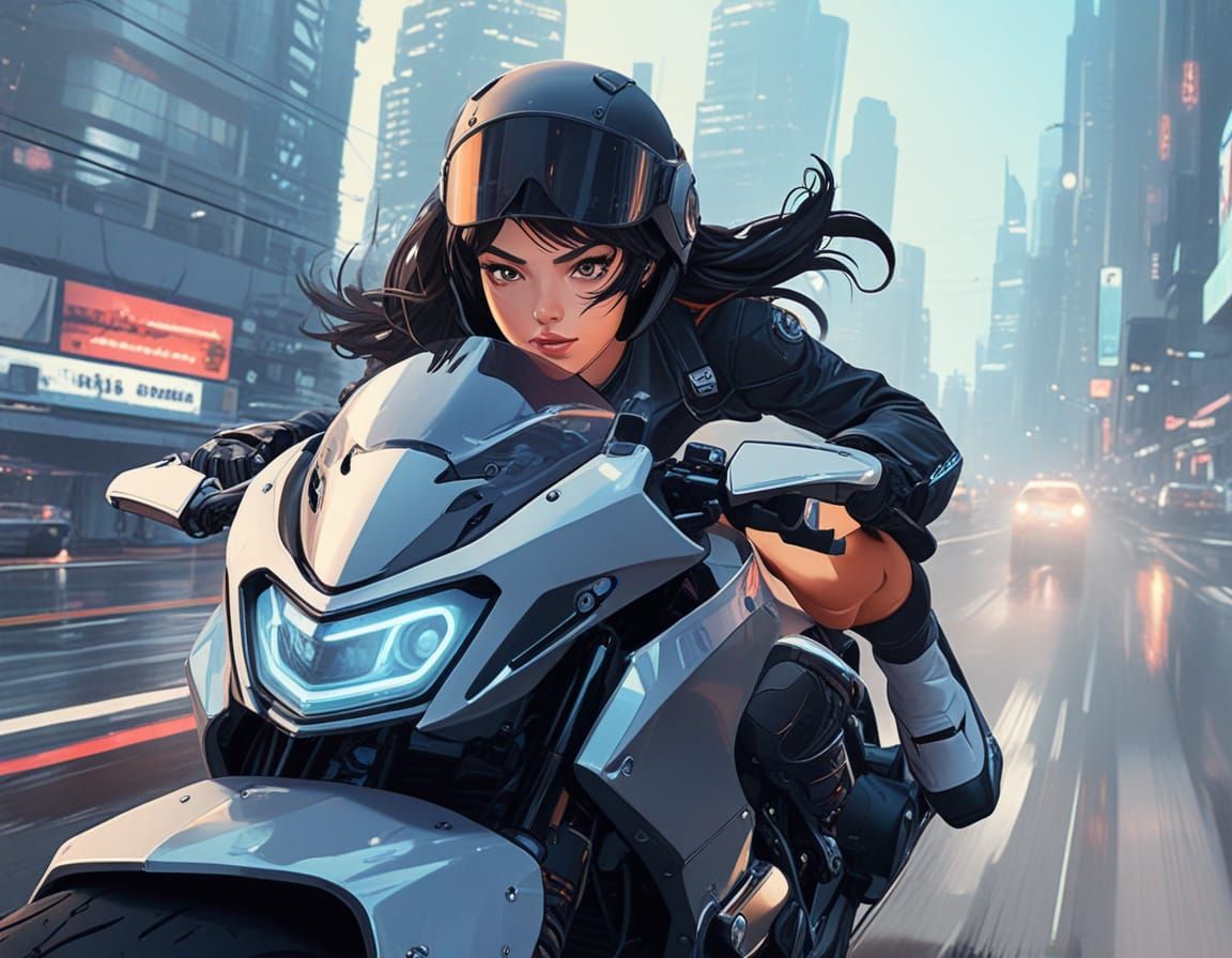 Glowing Neon Cyberpunk Girl Rides Futuristic Motorcycle