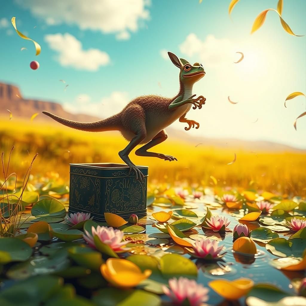 Green Frog Leaping Across Lily Pads: Modern Art