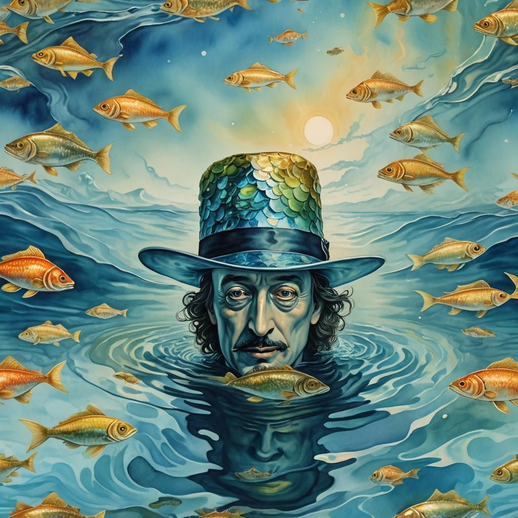Surreal Fish in Hat: Dreamlike Watercolor Ocean