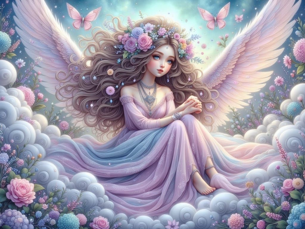 Whimsical Bohemian Angel in Soft Fantasy Scene