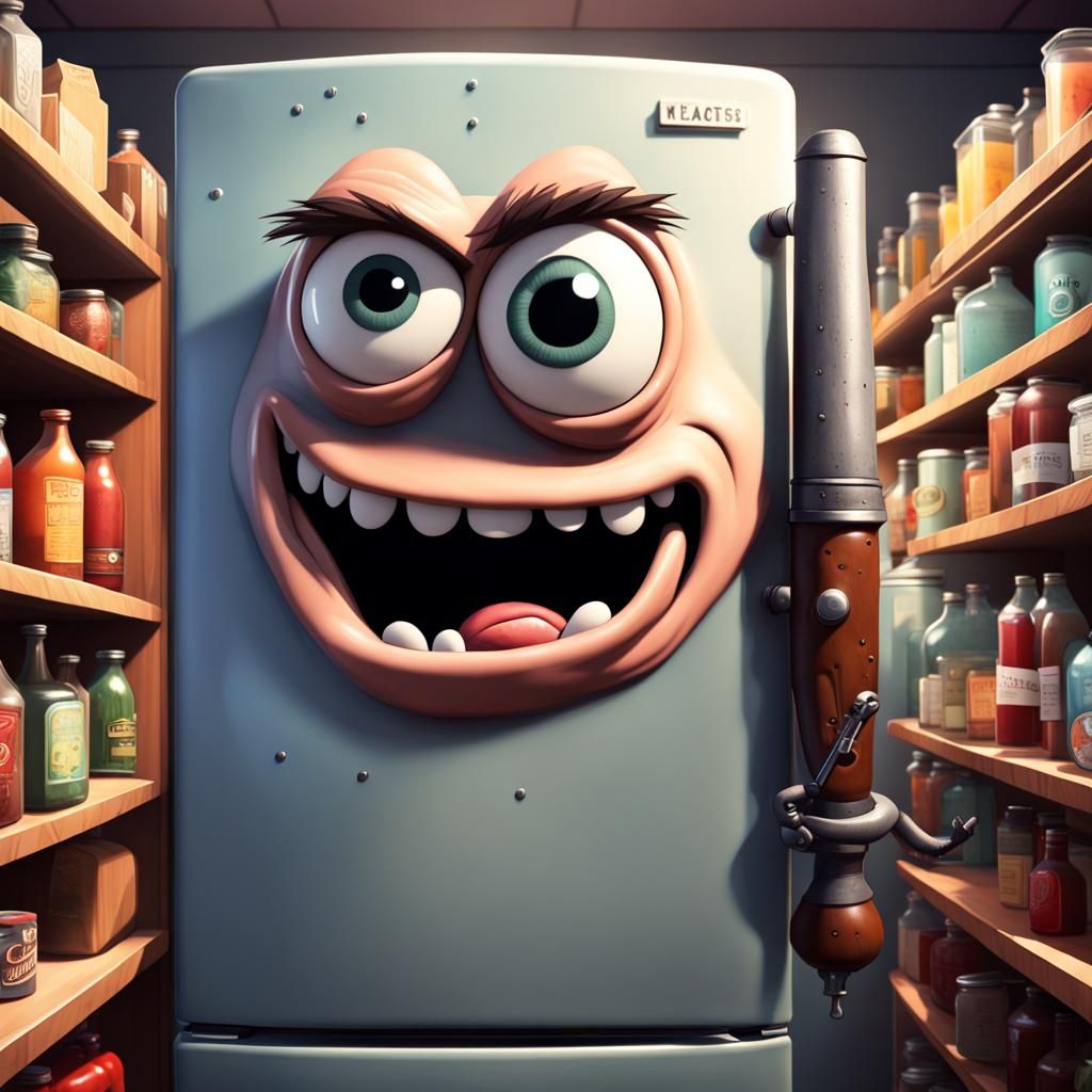 Evil Cartoon Fridge Freezer in Pixar Style
