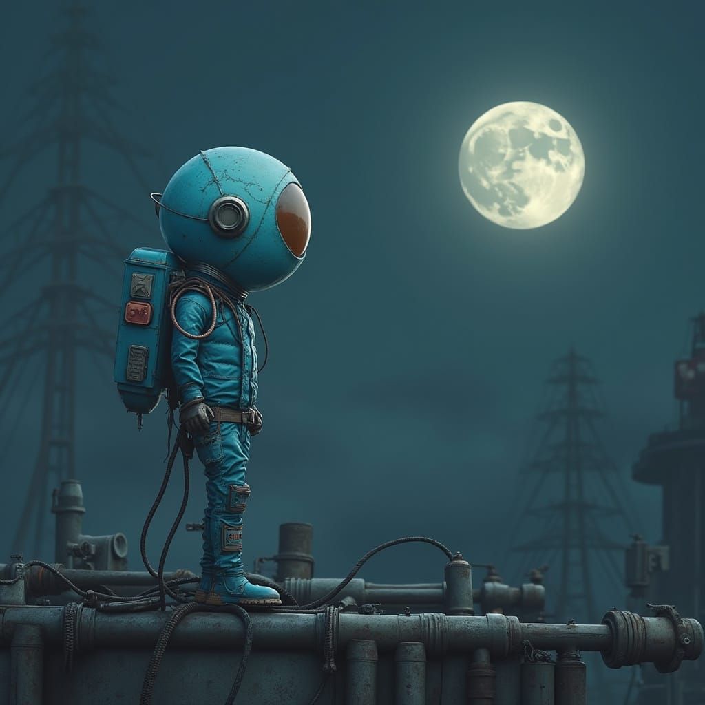 Futuristic Humanoid Egg Gazing at Moon