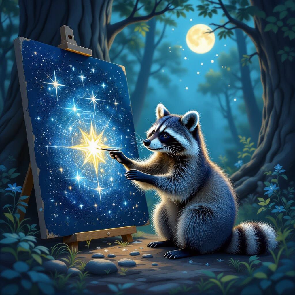 Raccoon Arranges Constellations with Stardust on Obsidian Ca...