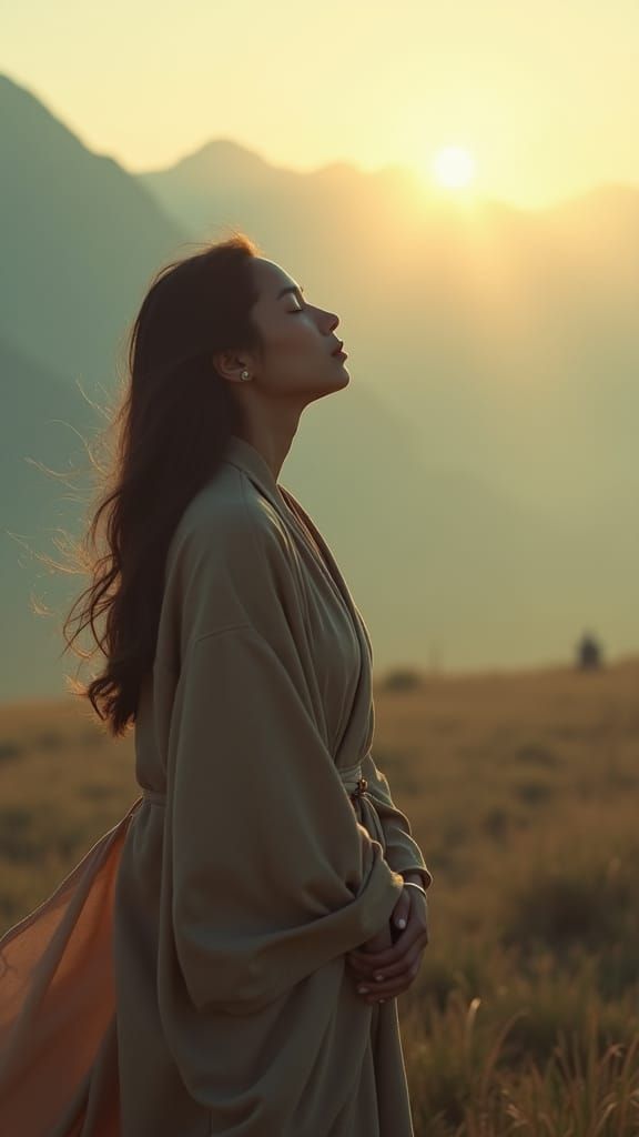 Serene Woman Meditating in Misty Mountain Landscape