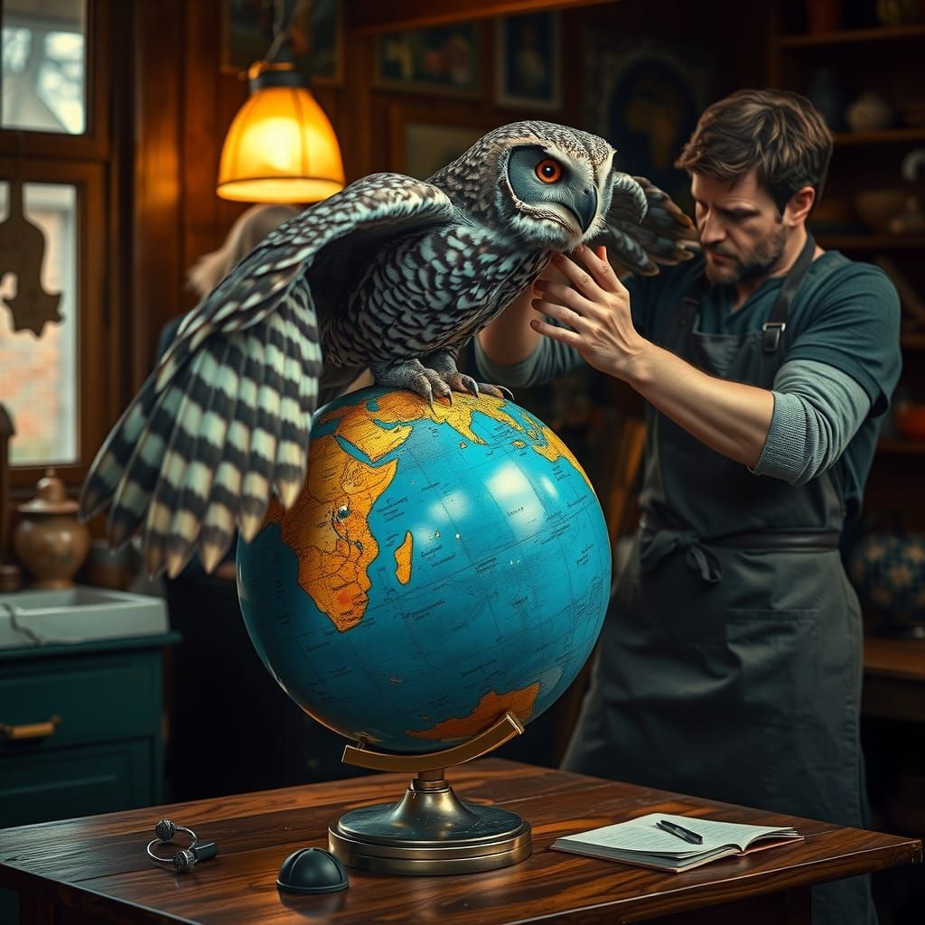 Hyperrealistic Owl Fitting Itself Onto a Globe