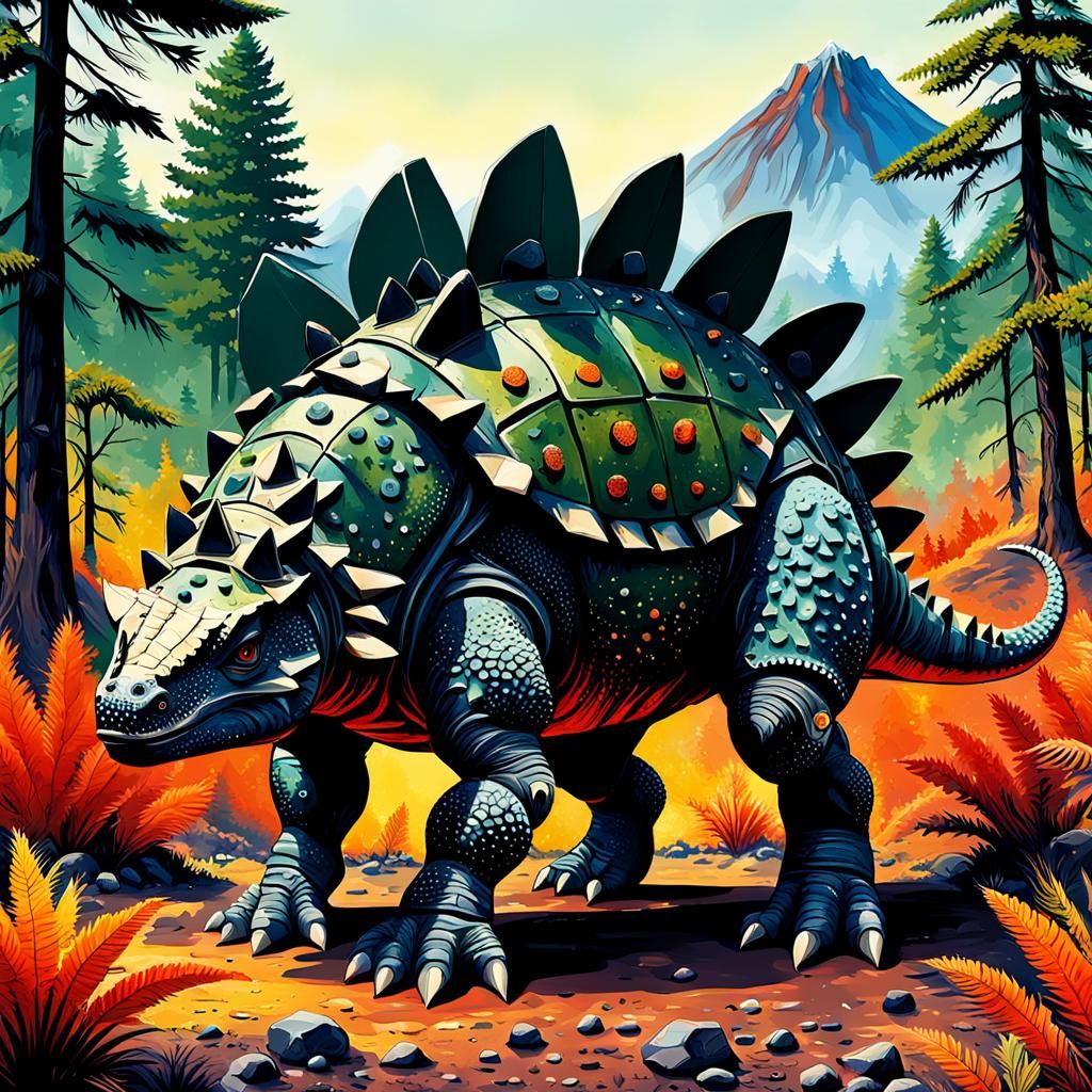Armored Ankylosaurus in Volcano Forest Landscape