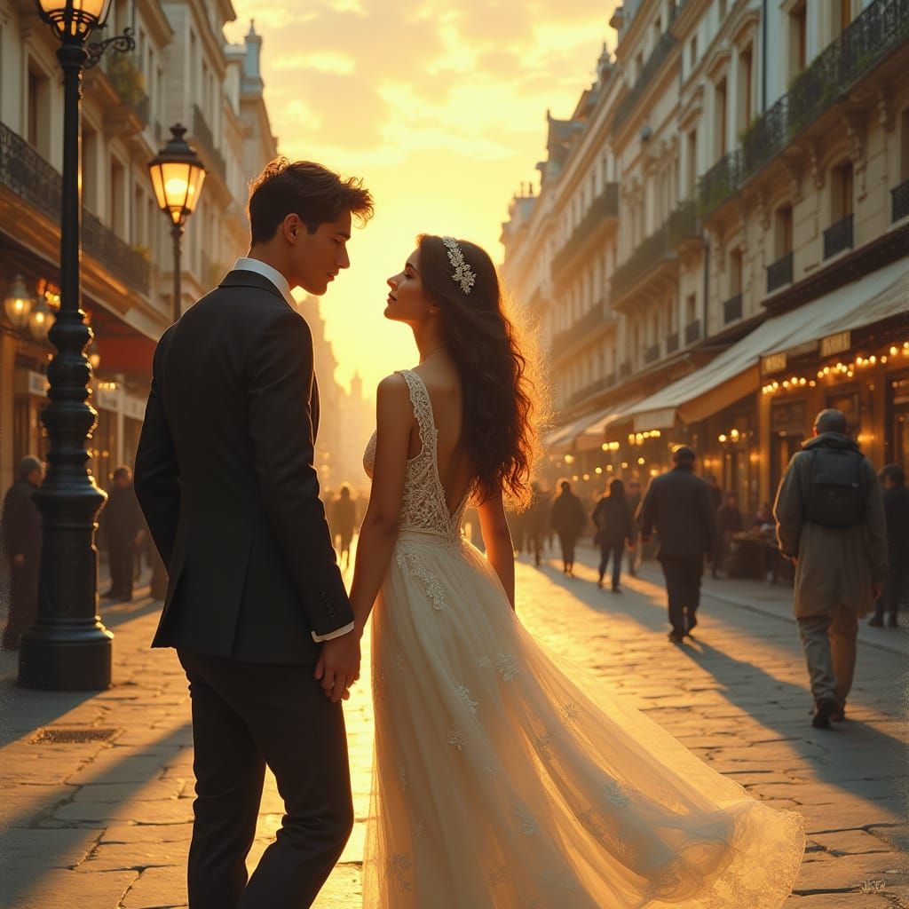 Romantic European City Street Scene in Dreamy Realism Style