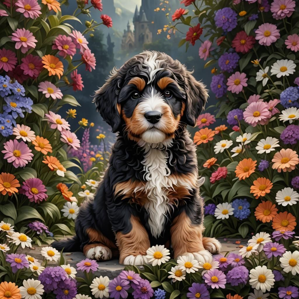 Bernedoodle Puppy in a Fantastical Flower Garden