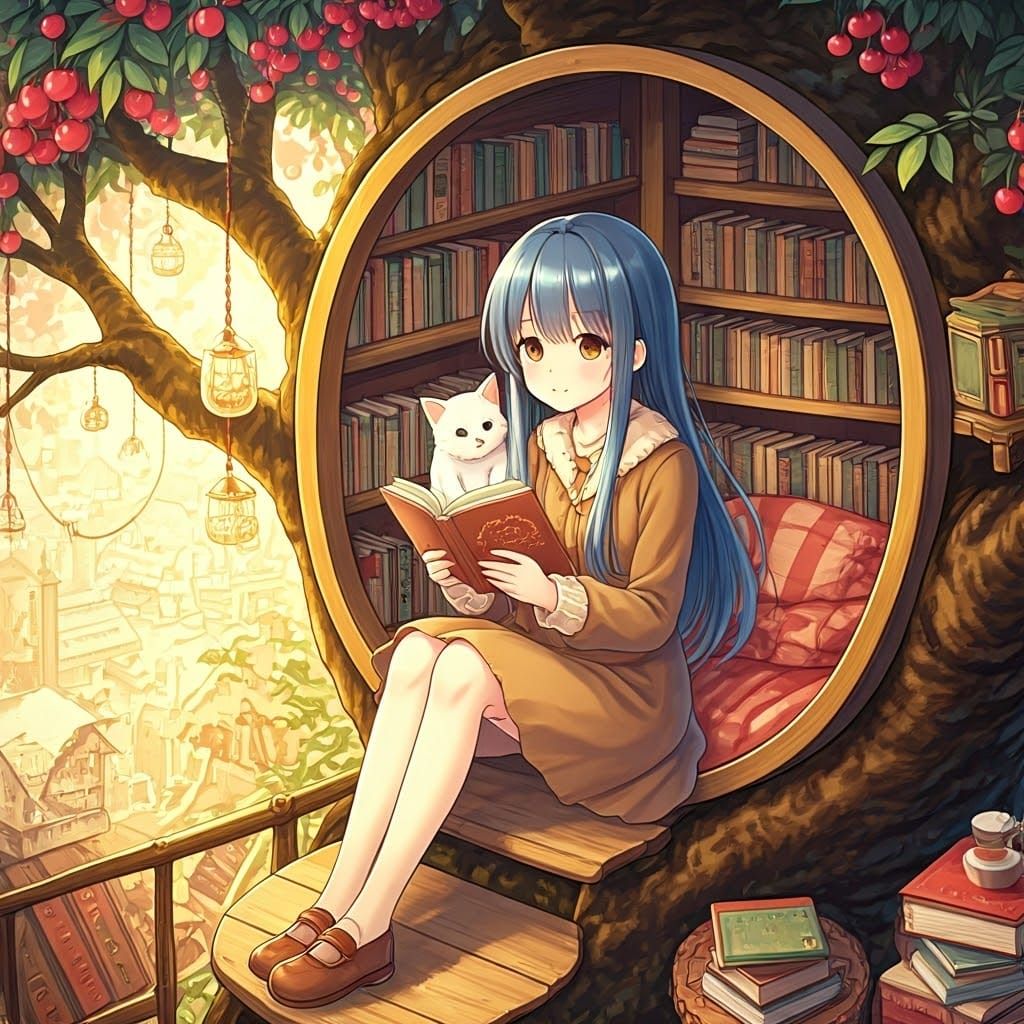 Manga-Inspired Girl in Whimsical Treehouse