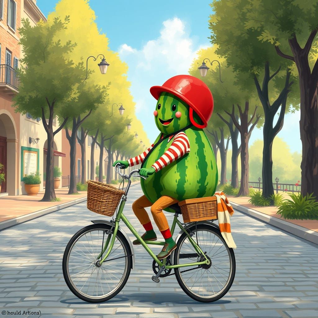 Vibrant Watermelon Rides Vintage Bicycle Down Cobblestone St...