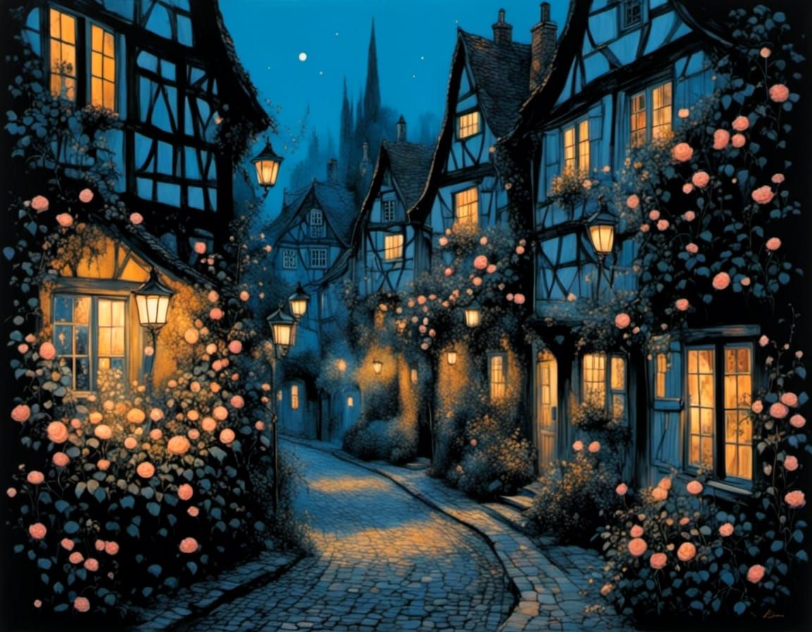 Enchanting Rose-Covered Alley at Dusk