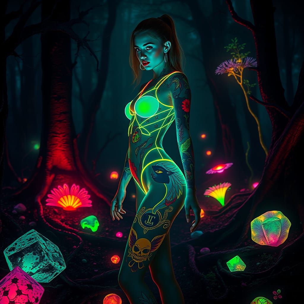 Mystical Woman in Fluorescent Forest