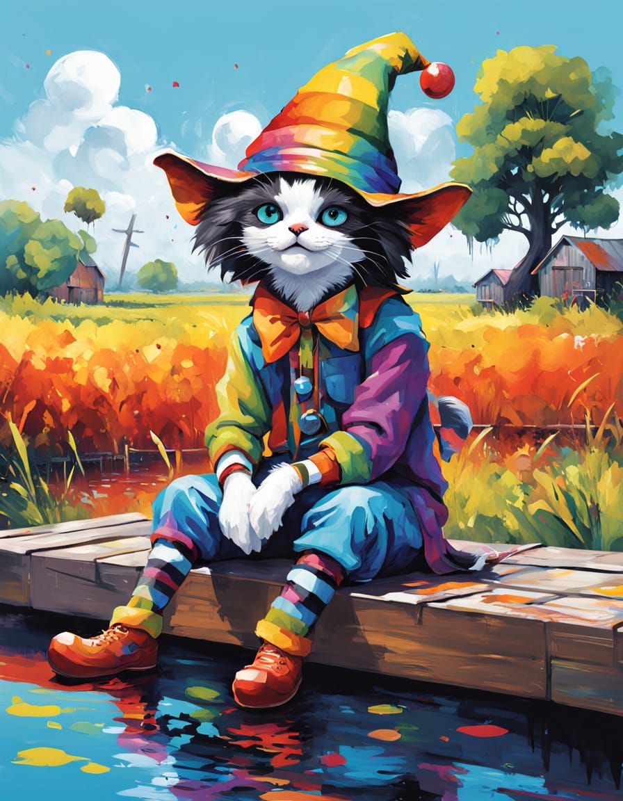 Lowbrow Digital Art of Innocent Jester in Rainbow Colors