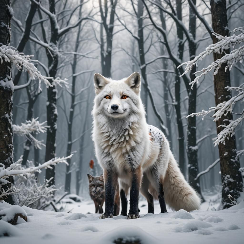White Fox Stares into Snowy Forest