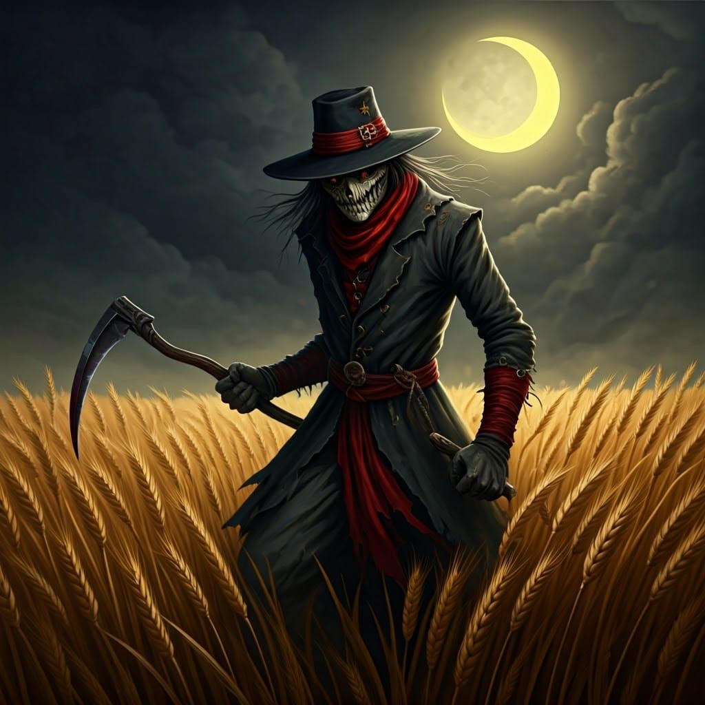 Gothic Scarecrow with Scythe in Dark Fantasy Landscape