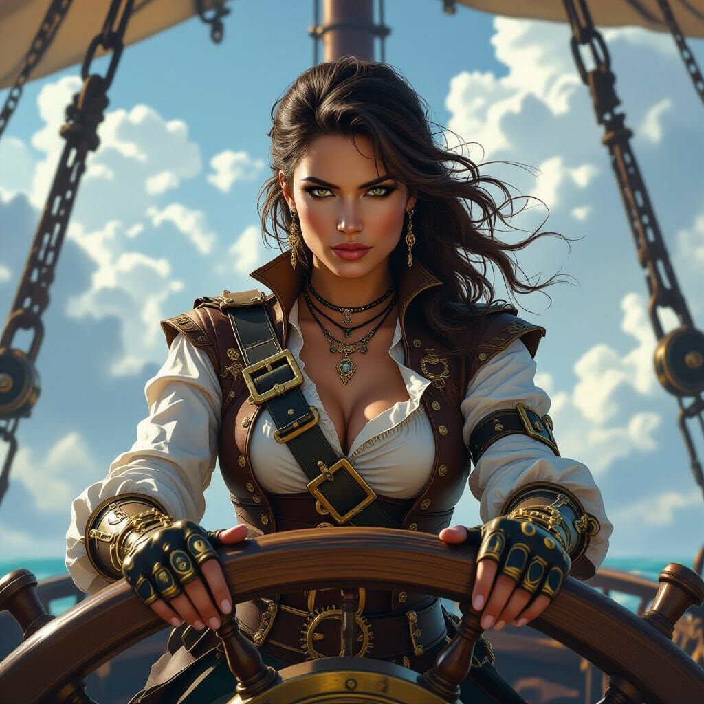 Pirate Captain at Airship Helm in Dramatic Digital Style