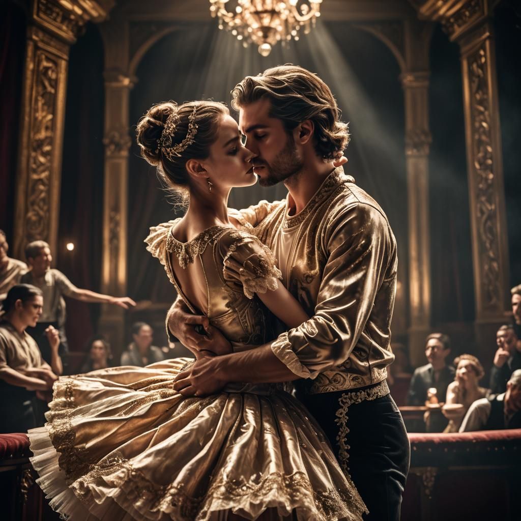 Ballerina Couple Embrace in Ornate Theatre, Hyperrealistic A...