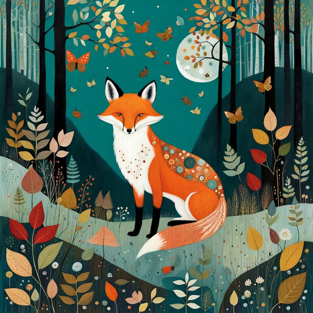 Whimsical Autumn Fox in a Translucent Forest Landscape, in t...