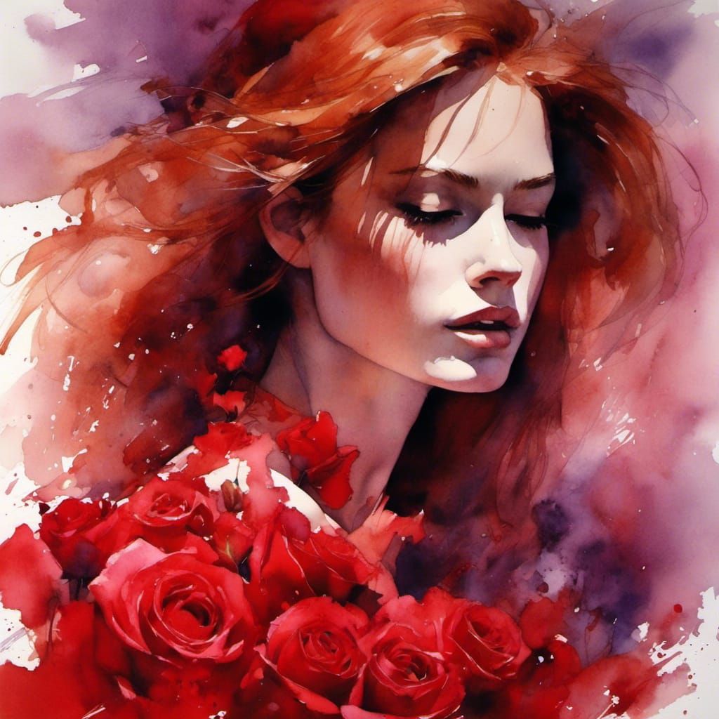 Auburn haired woman with roses.