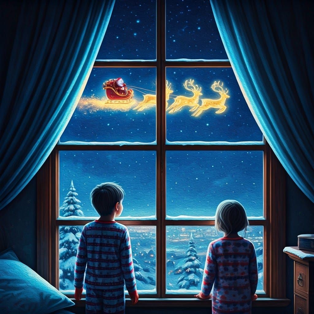 Surreal Winter Wonderland Scene with Magic Sleigh and Reinde...