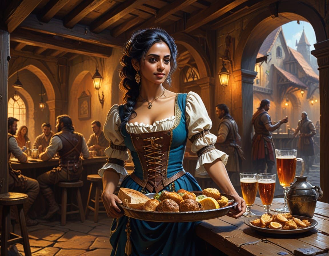 Fantasy Tavern Maid Serving Adventurers in Frazetta Style