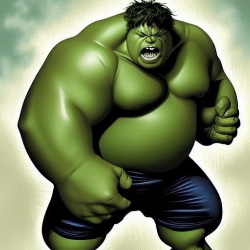 Obese Hulk Caricature in Comic Book Style