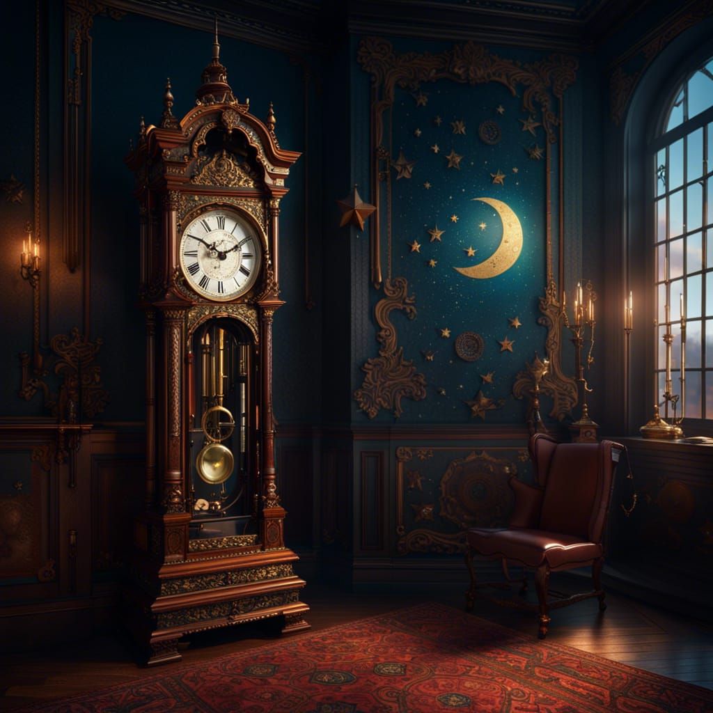 Fantastical Grandfather Clock with Moon and Stars