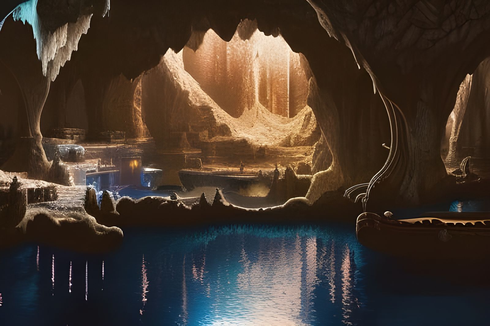 Blue Lit Cave Lake Digital Matte Painting