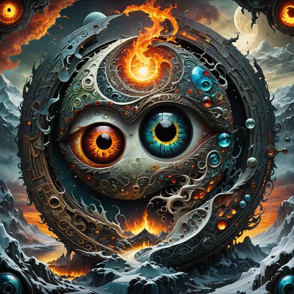 Yin-Yang Eyeballs Reflecting Fire and Ice