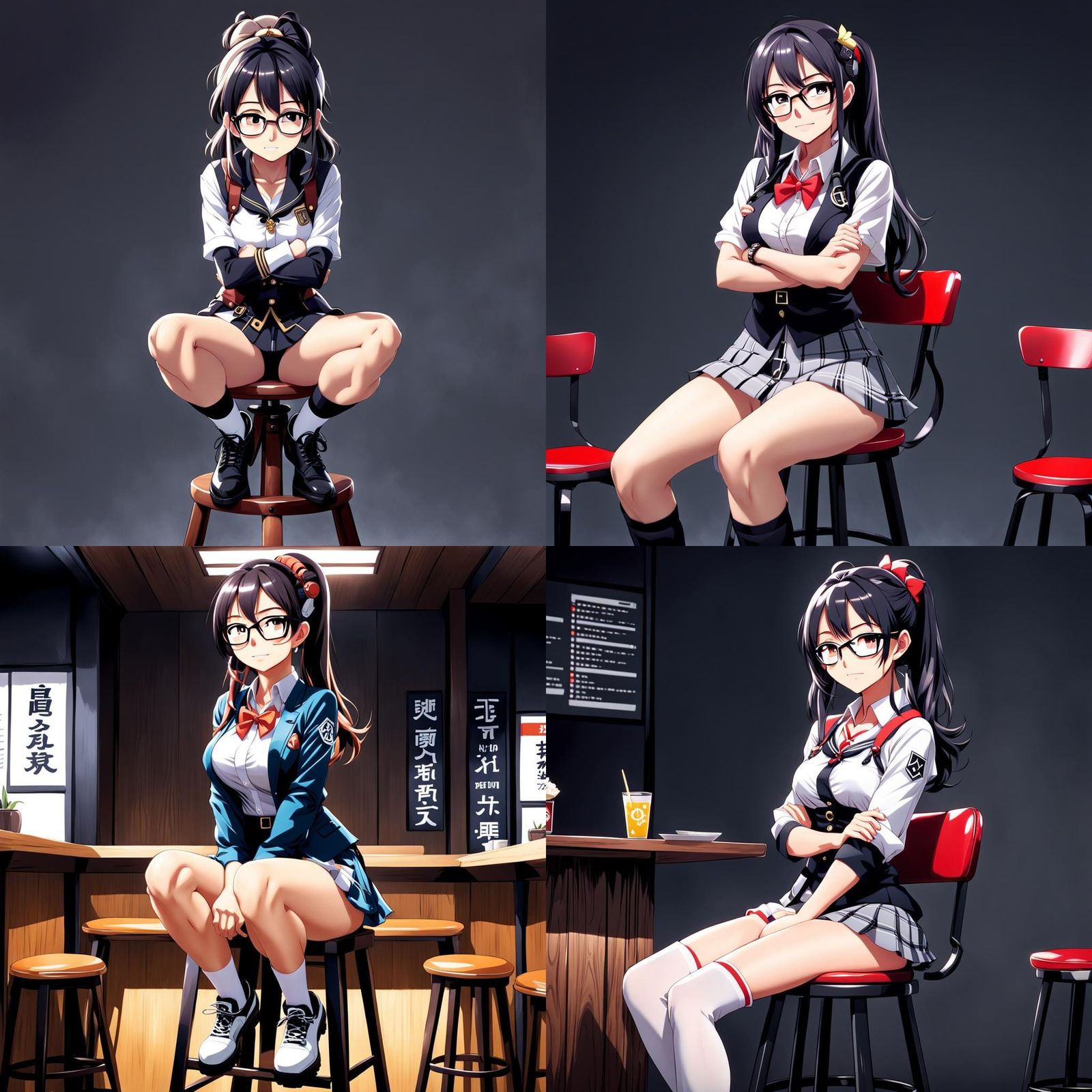 Anime Style Nerd Girl Posing on Stool