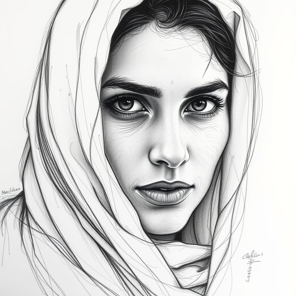 Charcoal Sketch of Woman with Headwrap