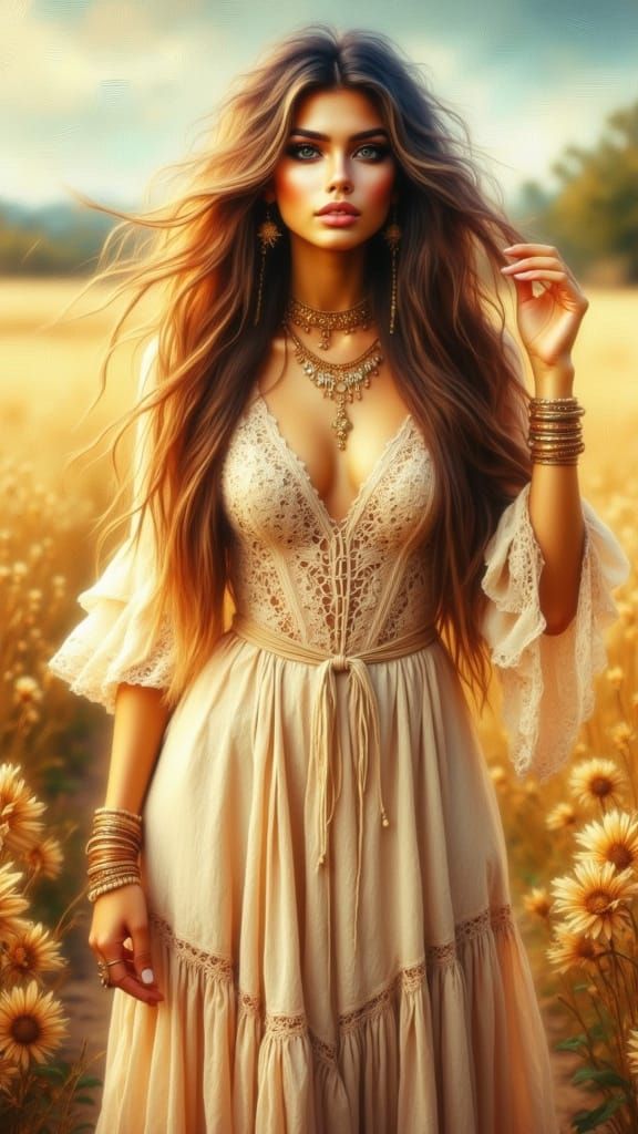 Elegant Fantasy Woman in Golden Meadow