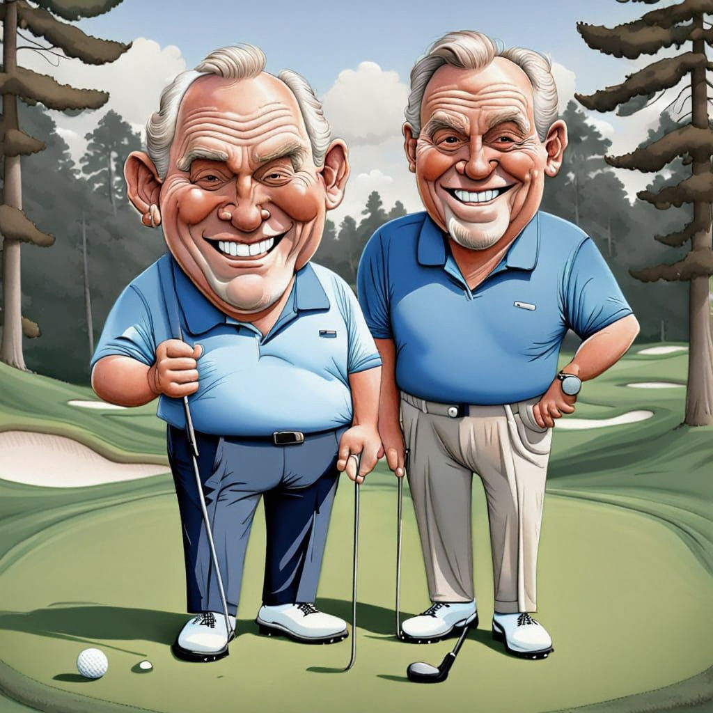 A caricature of two old golfers, big heads, big grins, weari...