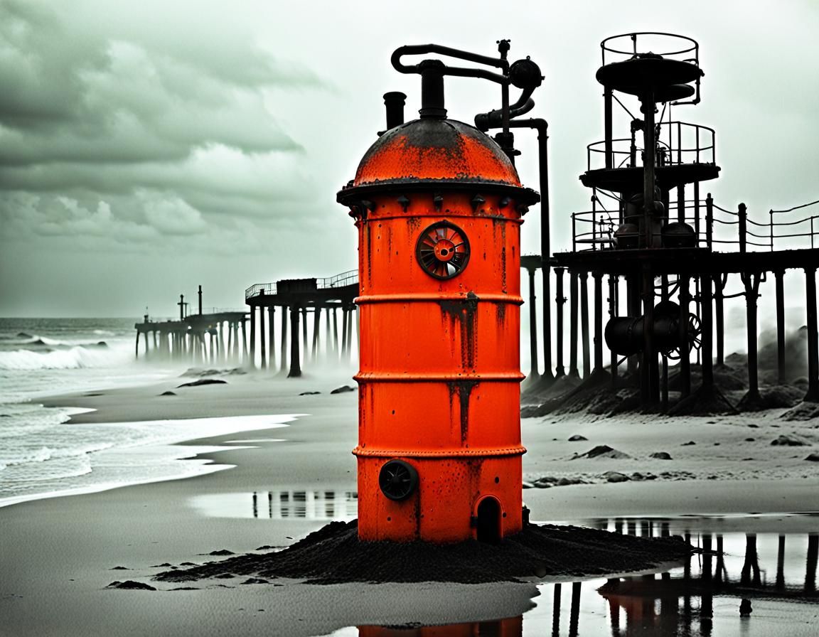 Surreal Black and White Steampunk Beach Scene