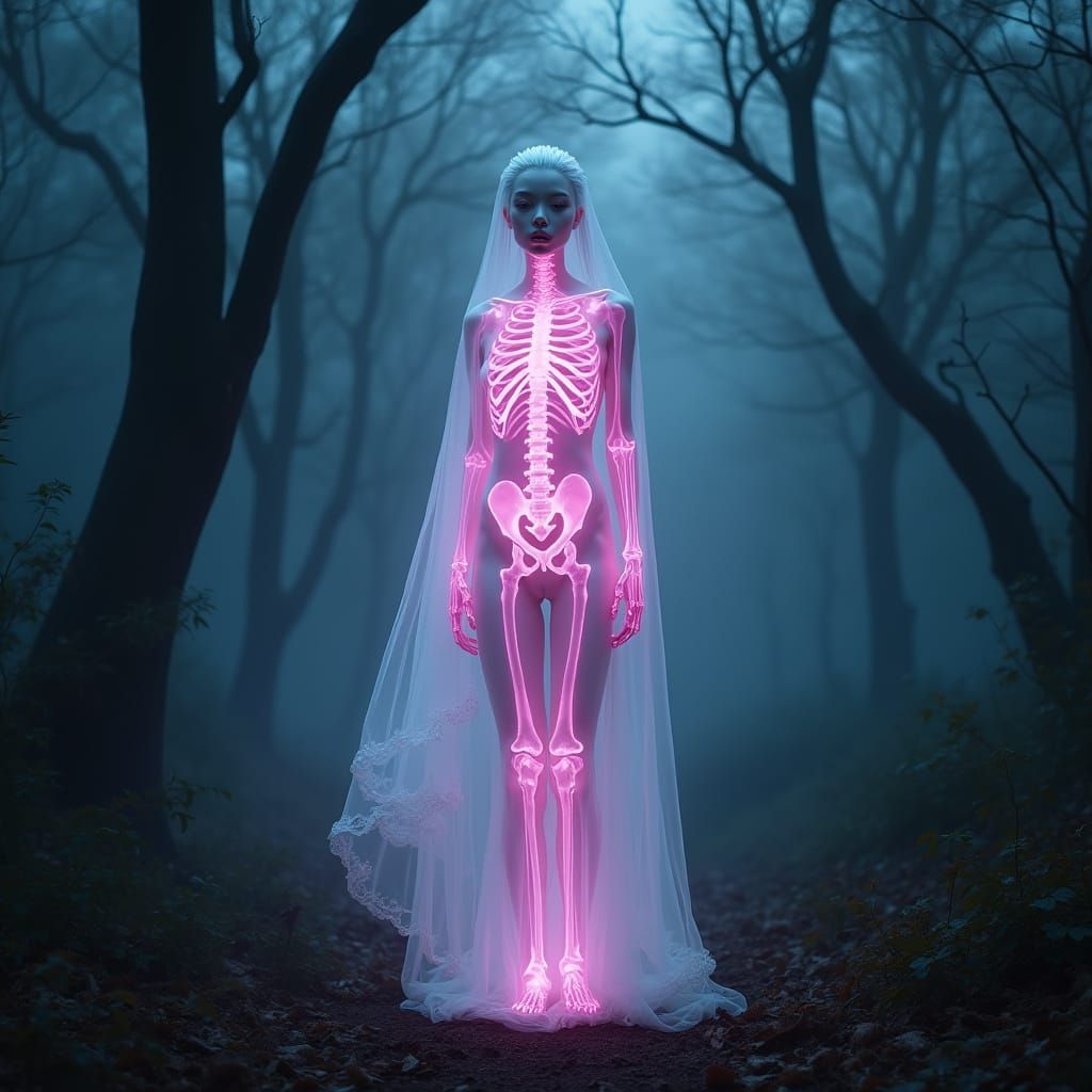 Ethereal Albino Goddess Shines with Glowing Neon Skeleton in...