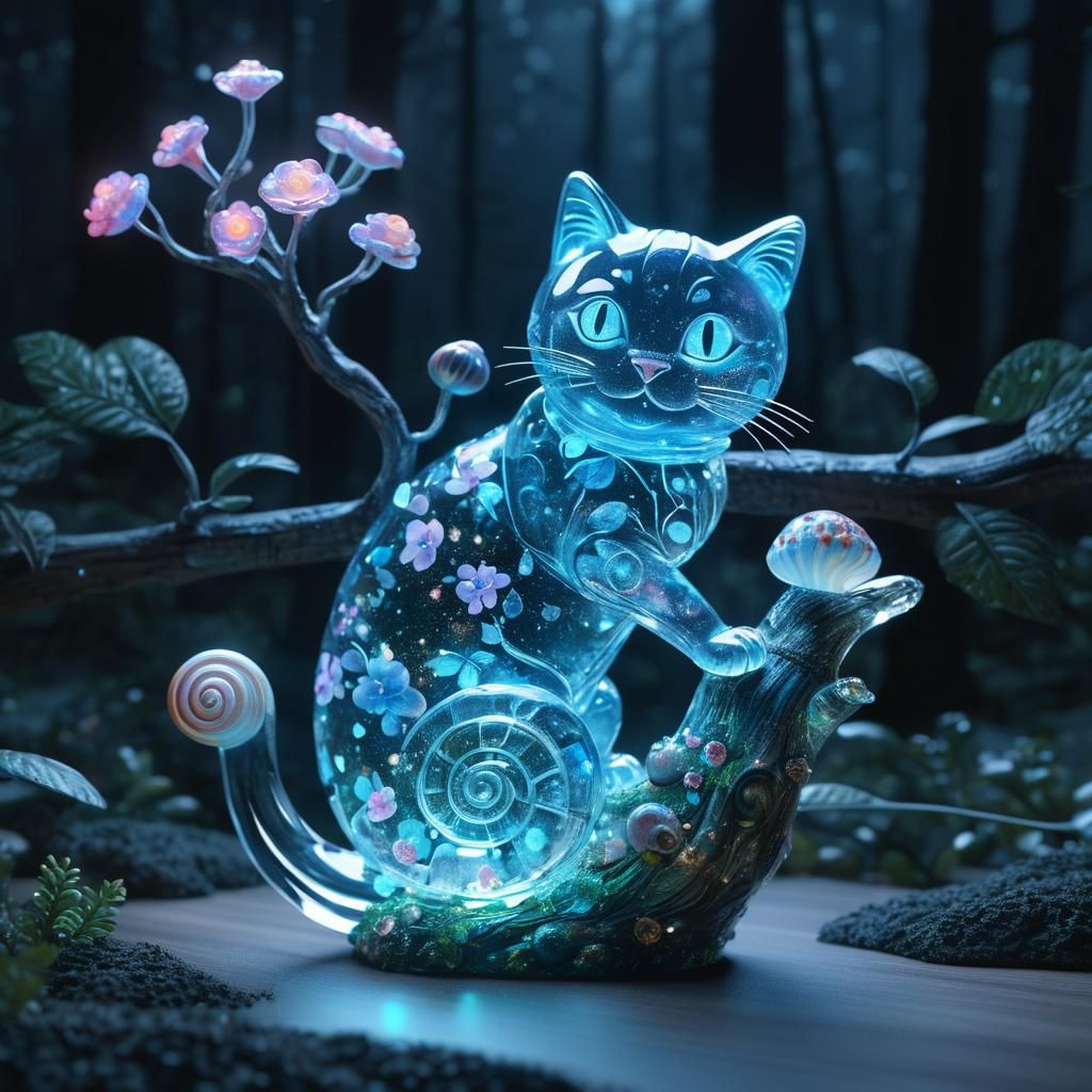 Bioluminescent Crystal Cat on Snail in Misty Forest