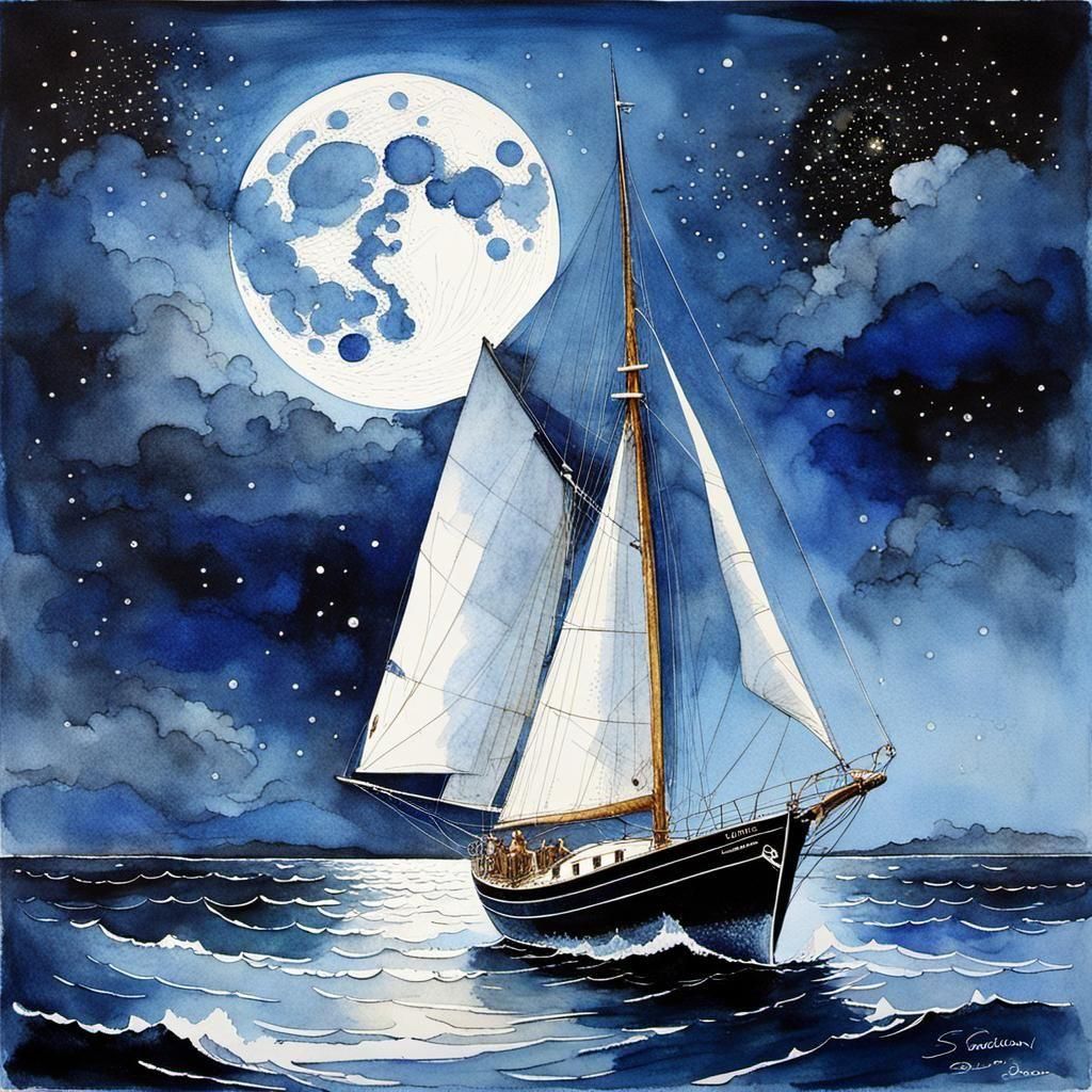 Sailboat Under Starry Sky in Watercolor Style