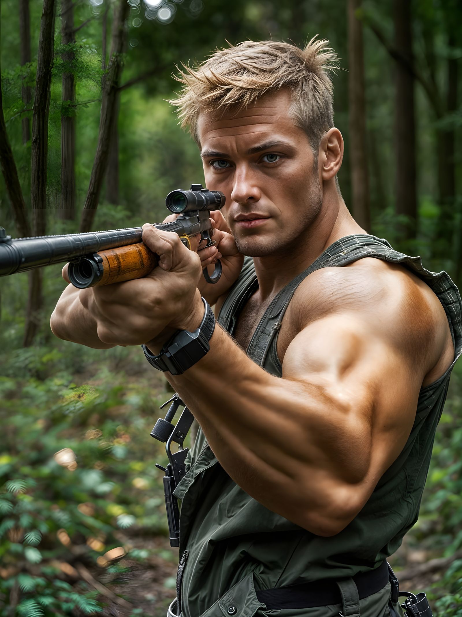 Muscular Hunter Aims Rifle in Forest Clearing