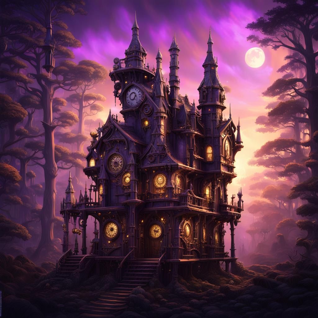 Steampunk Castle Amidst Dark Forest