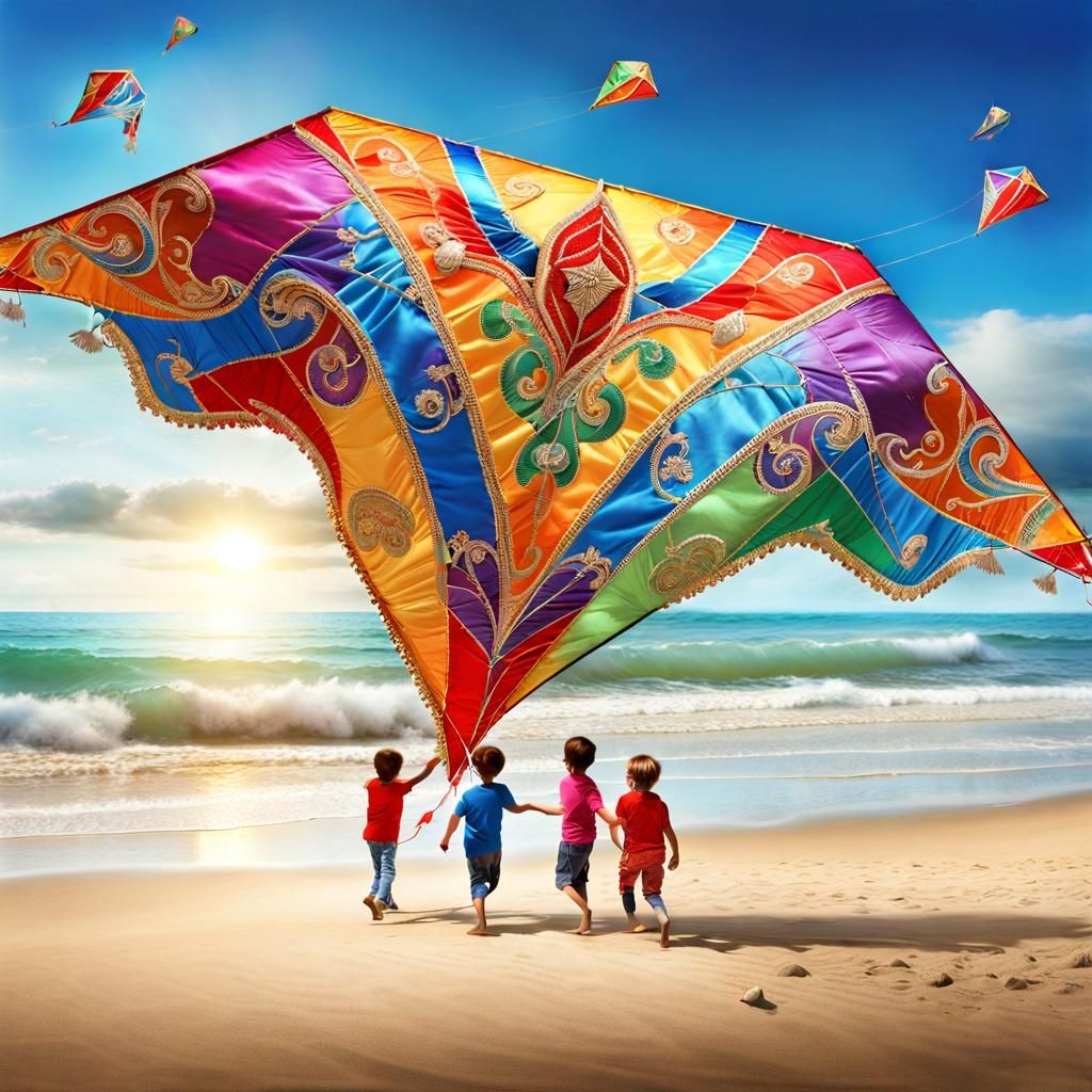 Children Fly Ornate Kite on Beach: Photorealistic 3D